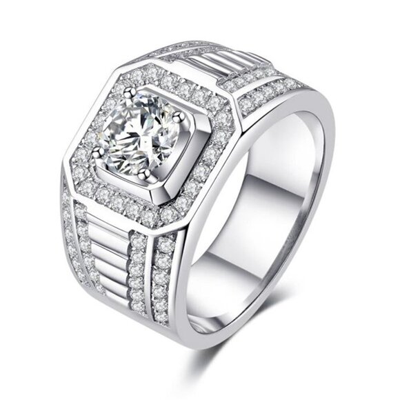 💎Fever Square Glitter Zircon Silver Chunky Wedding Rings for Man PD663
